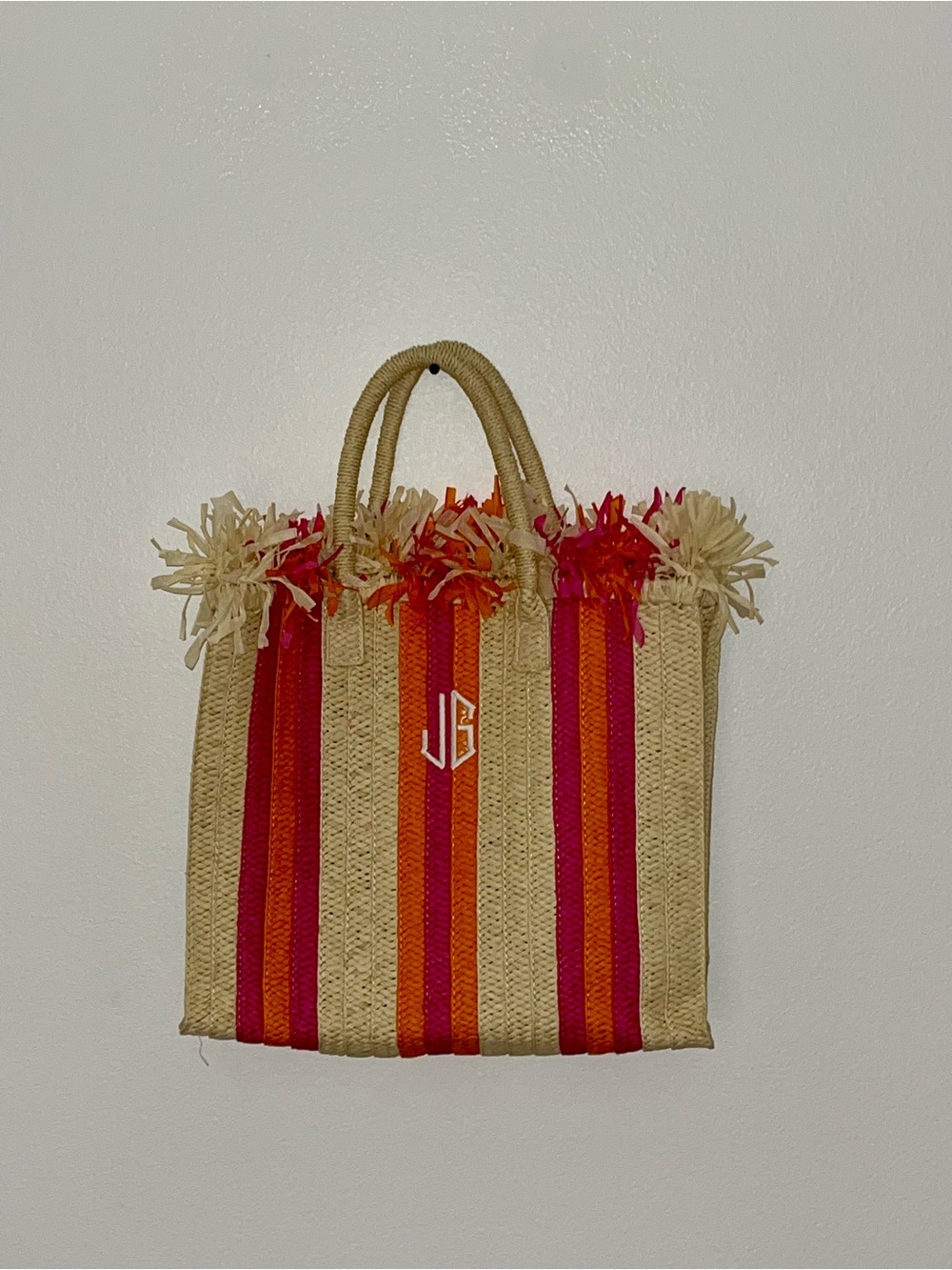 Monogram Straw Tote Bag in Natural with Pink & Orange Stripes
